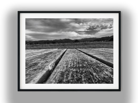 Weathered Wooden Table Overlooking Rural Landscape Black And White Photo Digital Download