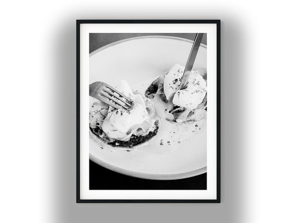 Poached Eggs Benedict Served on Toasted Muffins Black and White Photo Digital Download