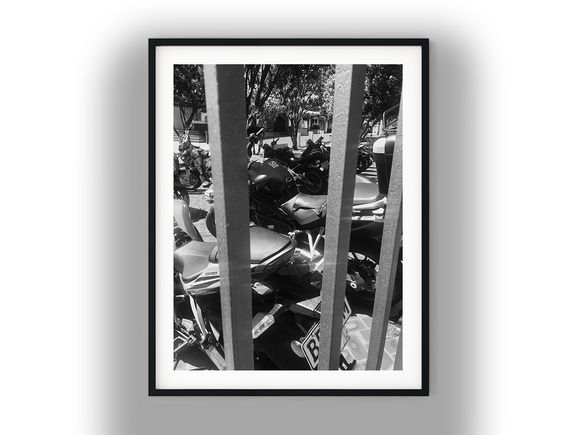 Parked Motorcycles Viewed Through Metal Fence Bars Black and White Photo Digital Download