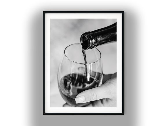 Close-Up of Wine Pouring Into Glass Black and White Photo Digital Download
