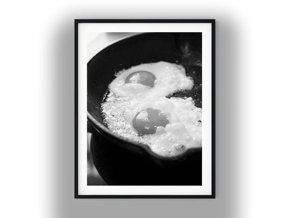 Two Sunny-Side-Up Eggs in a Cast-Iron Skillet Black And White Photo Digital Download
