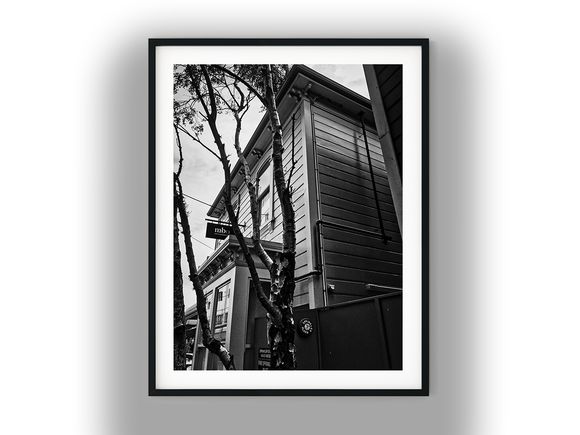 Historic Timber Building Framed by Tree Branches Black And White Photo Digital Download