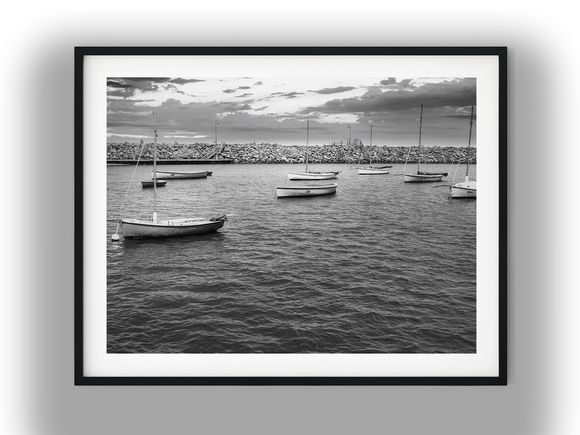 Moored Sailboats by the St Kilda Breakwater Black and White Photo Digital Download