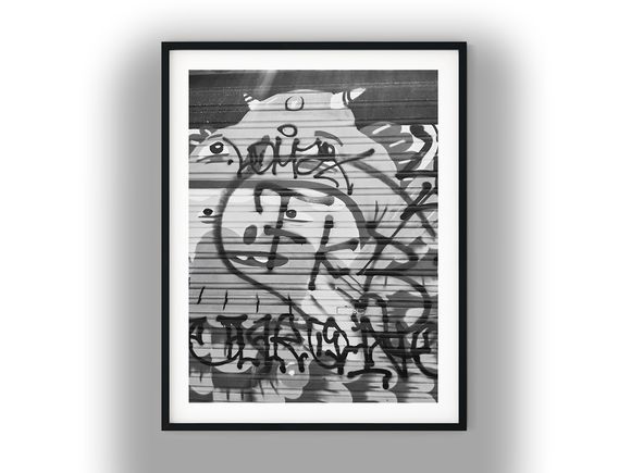 Urban Graffiti Art on Metal Roller Shutter Black and White Photo Digital Download