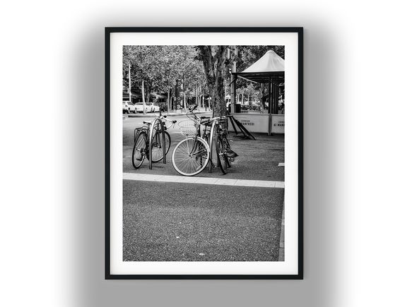 Bicycles Parked at Melbourne Sidewalk Cafe Black and White Photo Digital Download