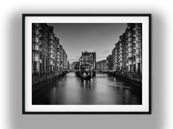 Hamburg Speicherstadt Canal and Historic Wasserschloss Black And White Photo Digital Download