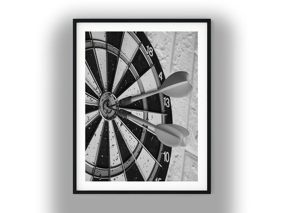 Two Darts Hitting Dartboard Center Bullseye Black And White Photo Digital Download
