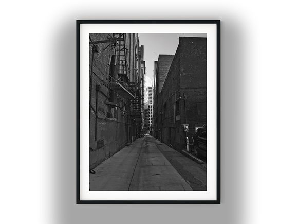 Narrow Brick City Alley with Fire Escapes Black and White Photo Digital Download