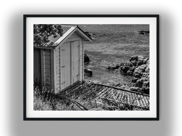 Coastal Wooden Boathouse on Rocky Shoreline Black And White Photo Digital Download