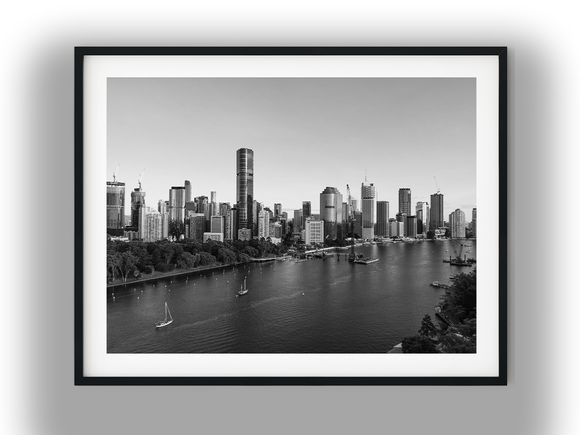 Brisbane City Skyline Along the River Black And White Photo Digital Download