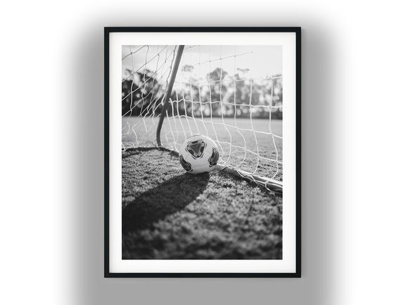 Soccer Ball Resting in Goal Net Black And White Photo Digital Download