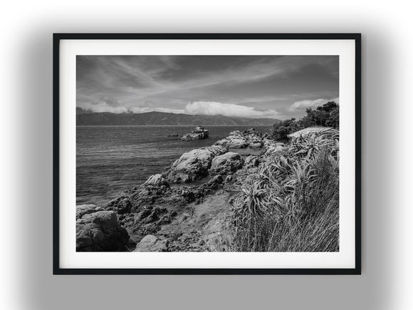 Rocky Coastline at Scorching Bay with Distant Mountains Black And White Photo Digital Download