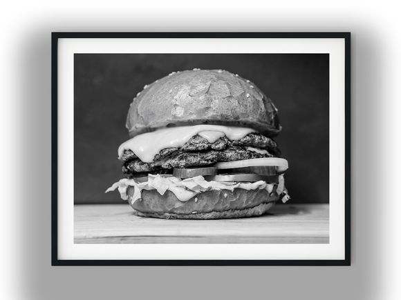 Double Cheeseburger with Lettuce, Onion, and Sauce Black And White Photo Digital Download