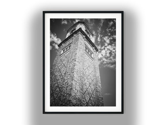 Low-Angle View of Brick Clock Tower Black and White Photo Digital Download