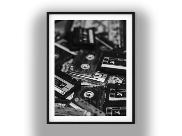 Vintage Audio Cassette Tapes Pile Background Black And White Photo Digital Download