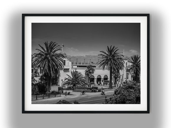 St Kilda Sea Baths with Palm Trees Black and White Photo Digital Download