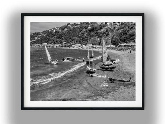 Sailboats Launching at Worser Bay Beach Black And White Photo Digital Download