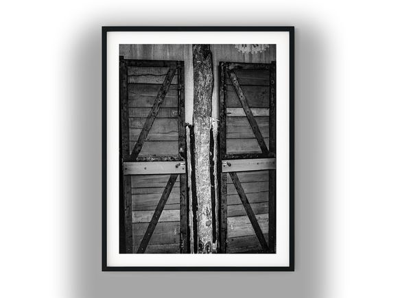 Weathered Rustic Wood and Iron Barn Doors Around Post Black and White Photo Digital Download