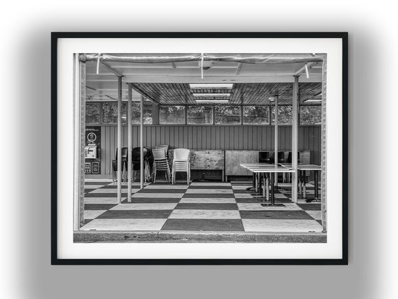 Empty Covered Cafe Patio with Stacked Chairs Black And White Photo Digital Download