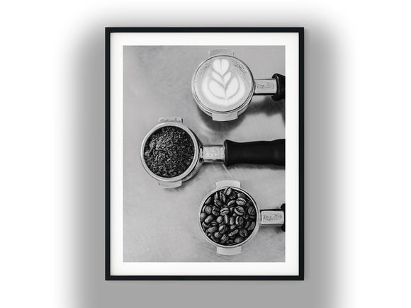 Espresso Portafilters Beans, Grounds, and Latte Art Black and White Photo Digital Download