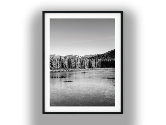 Frozen Alpine Lake with Snowy Mountain Pines Black And White Photo Digital Download