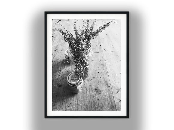 Glass Herb Jars on Rustic Wooden Table Black And White Photo Digital Download