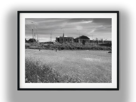 Gravel Lot Overlooking Hillside Building and Streetlights Black And White Photo Digital Download