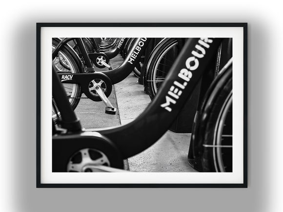 Row of Melbourne Share Bikes Docked Black And White Photo Digital Download
