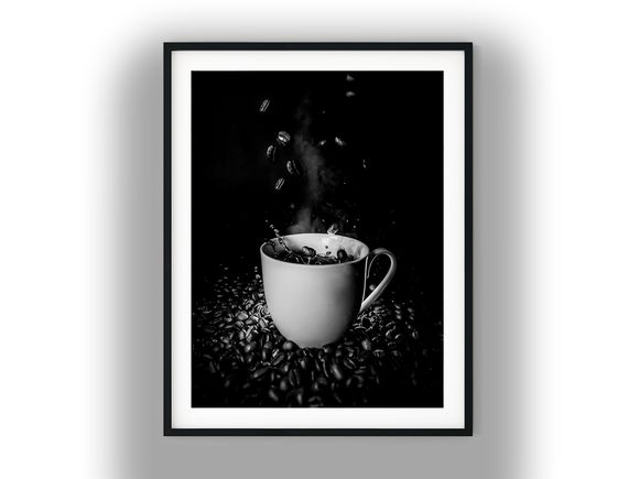 Roasted Beans Splashing into Steaming Coffee Mug Black And White Photo Digital Download