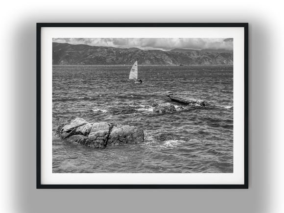 Sailboat Off Rocky Shore at Worser Bay Black And White Photo Digital Download