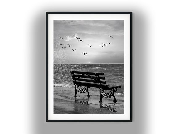 Oceanfront Bench with Splashing Waves and Seagulls Black and White Photo Digital Download
