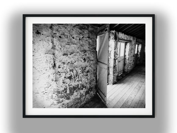 Rustic Stone Barn Interior with Open Door Black and White Photo Digital Download