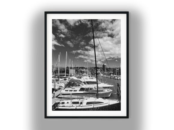 Boats Moored at Chaffers Marina, Wellington Black And White Photo Digital Download