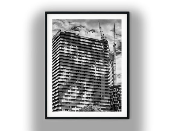 Geometric High-Rise Facade with Construction Cranes Black and White Photo Digital Download