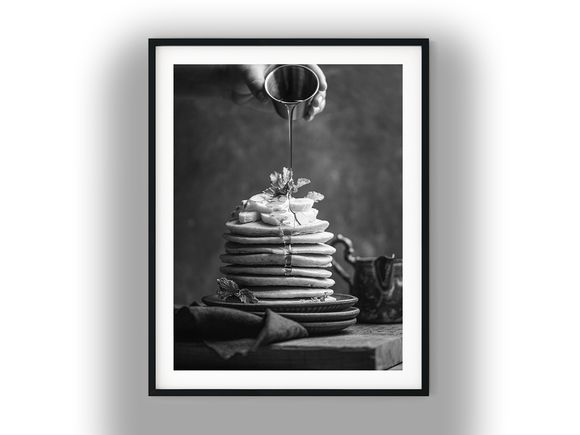 Syrup Pouring Over Stack of Pancakes Black And White Photo Digital Download