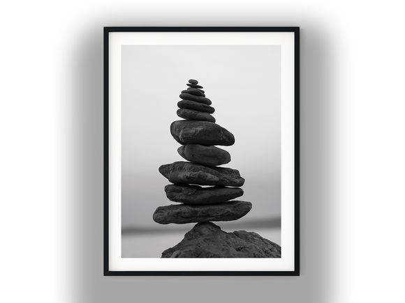 Balanced Stone Cairn on Coastal Rock Black And White Photo Digital Download