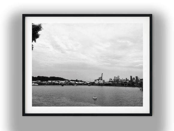 Singapore Waterfront with Distant Port Cranes Black and White Photo Digital Download