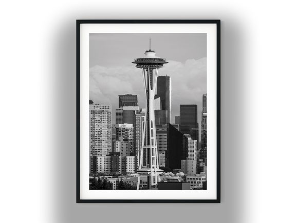 Seattle Space Needle and Downtown City Skyline Black And White Photo Digital Download