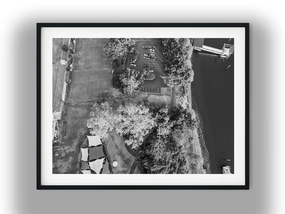 Aerial View of Mowbray Park Riverfront Black And White Photo Digital Download