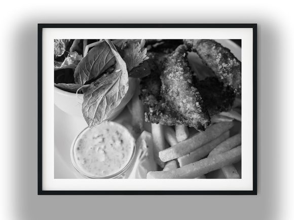 Crispy Fried Fish with Chips and Salad Black And White Photo Digital Download