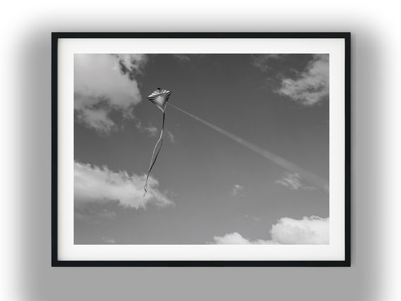 Striped Kite Flying in a Cloudy Sky Black And White Photo Digital Download