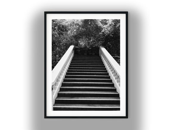 Stone Garden Staircase with Balustrade Rails Black and White Photo Digital Download