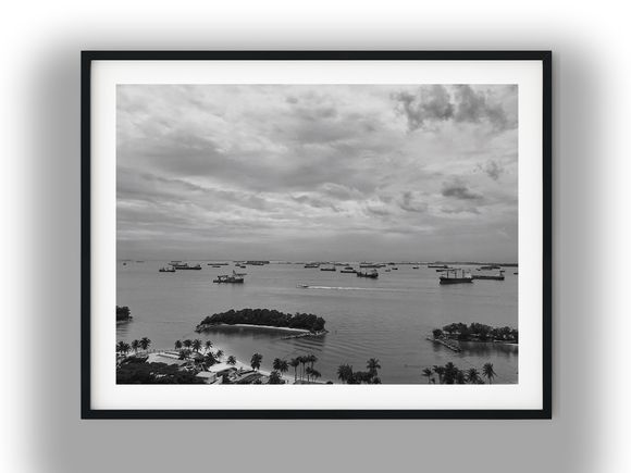 Cargo Ships Anchored Off Sentosa Island Beach Black and White Photo Digital Download