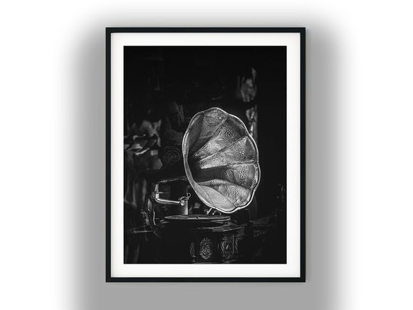 Antique Gramophone with Embossed Floral Horn Black And White Photo Digital Download