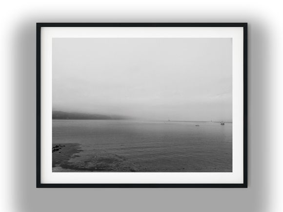 Misty Wellington Harbour with Distant Boats Black And White Photo Digital Download