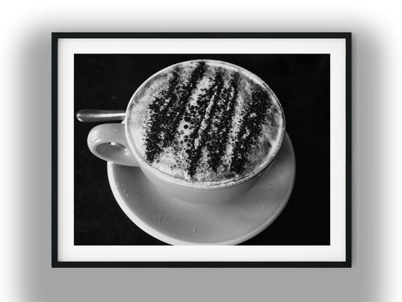 Frothy Cappuccino with Cocoa Powder Dusting Black And White Photo Digital Download