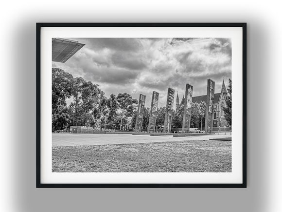 Melbourne Museum Plaza and Entrance Banners Black And White Photo Digital Download