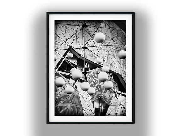Spherical Pendant Chandelier in Geometric Glass Atrium Black And White Photo Digital Download