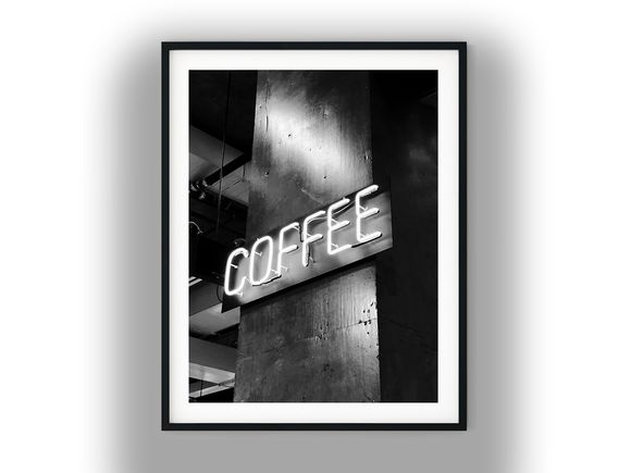 Glowing Coffee Neon Sign on Industrial Pillar Black and White Photo Digital Download