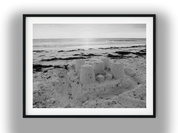 Sandcastle on a Coastal Ocean Beach Black and White Photo Digital Download